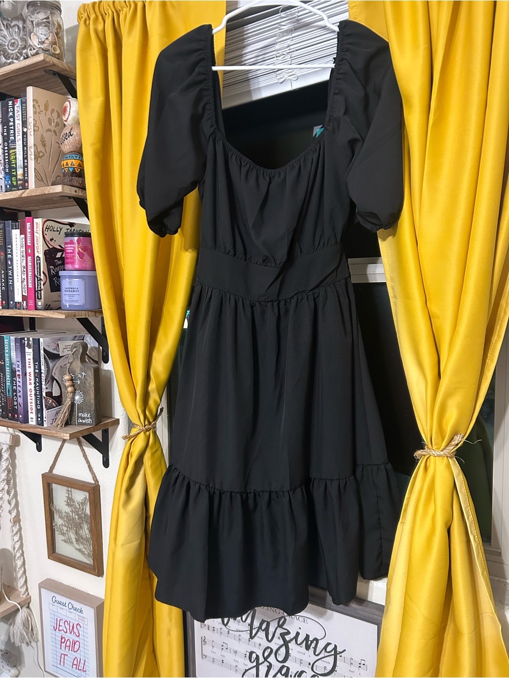 Black Puff Sleeve Tiered Midi Dress